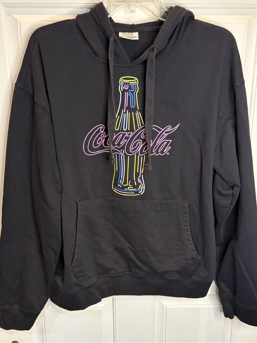 Coca-Cola Black Pullover Hoodie Neon Bottle Graphic Kangaroo Pocket XL 15-17